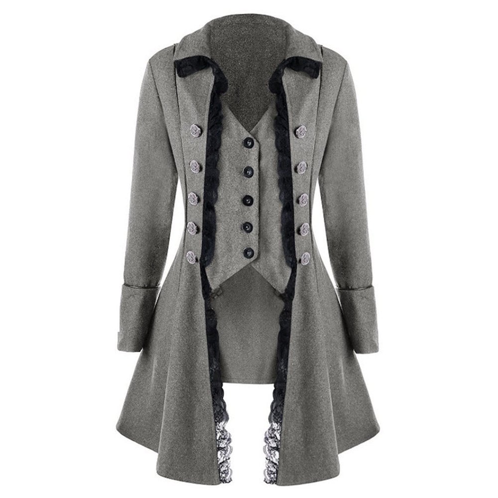 Women's Renaissance Gothic Lace Steampunk Thin Jacket Victorian Medieval Coat German Trench Coat Halloween Costume Gray