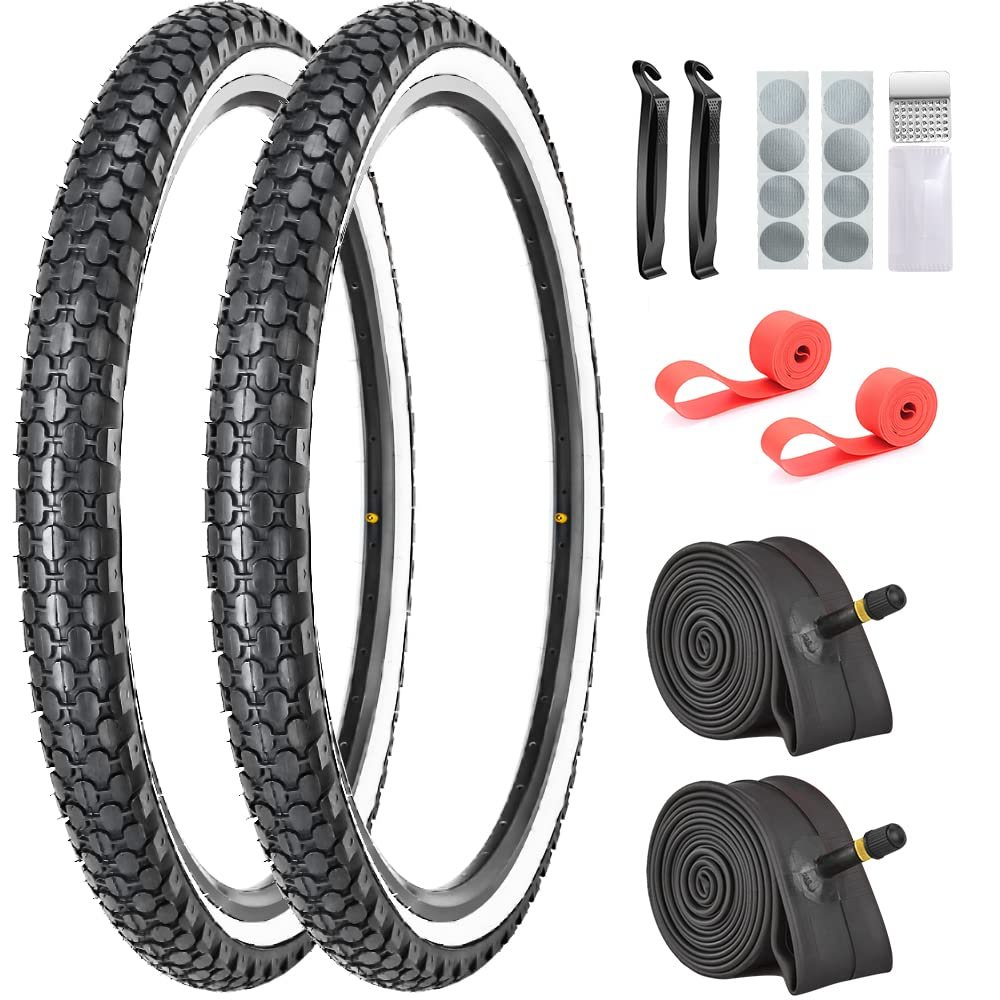 2 Pack 24x2.125 Cruiser Bike Tires White Side Wall with Repair Kit- 2 Inner Tubes,2 Levers,2 Rim Strips, Glueless Patch Kit