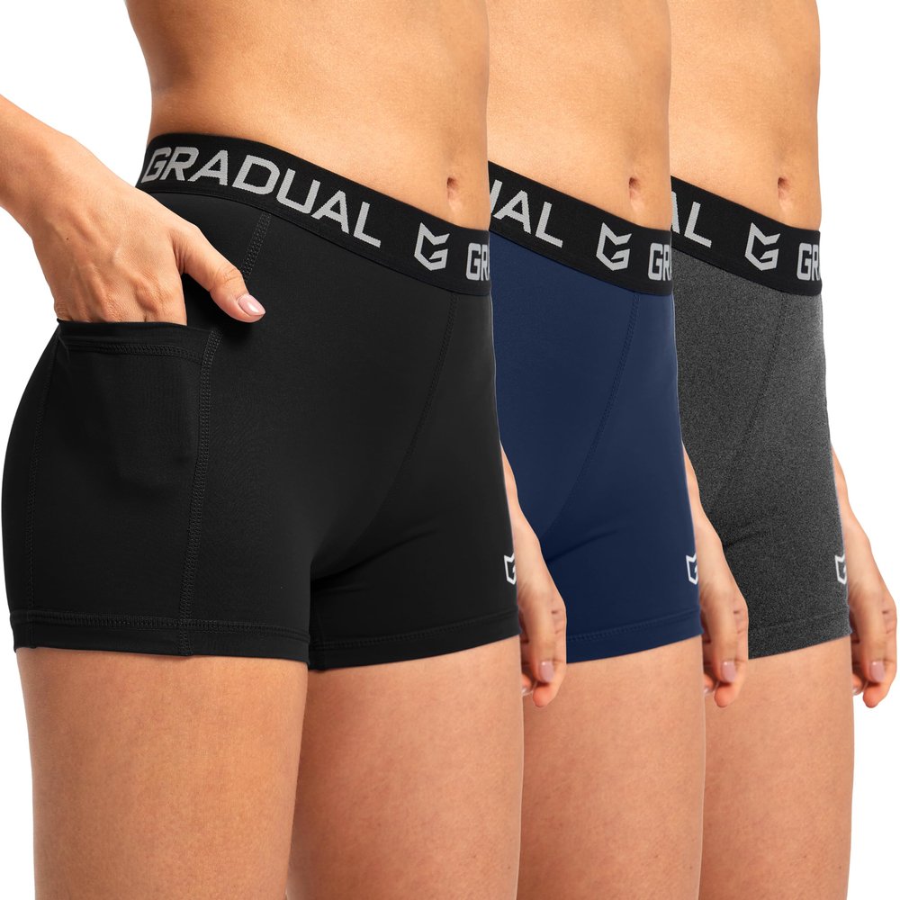 G Gradual Women's Spandex Compression Volleyball Shorts 3" /7" Workout Pro Shorts for Women (Black/Navy/Charcoal Pockets, Large)