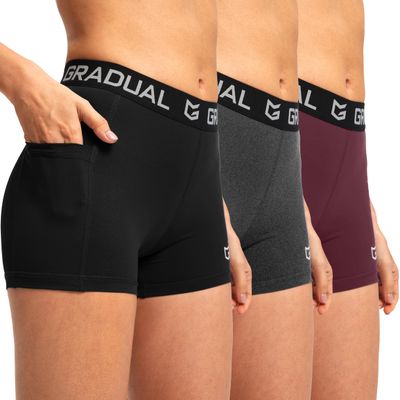 G Gradual Women's Spandex Compression Volleyball Shorts 3" /7" Workout Pro Shorts for Women (Black/Wine/Charcoal Pockets, X-Large)