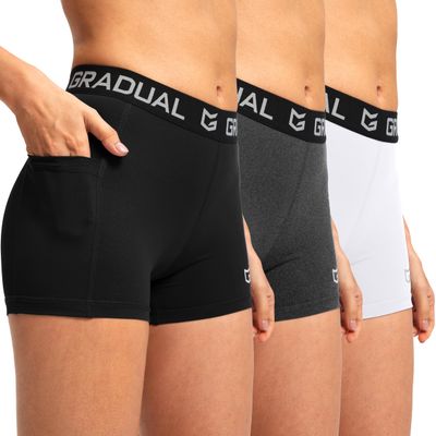G Gradual Women's Spandex Compression Volleyball Shorts 3" /7" Workout Pro Shorts for Women (Black/White/Charcoal Pockets, Small)