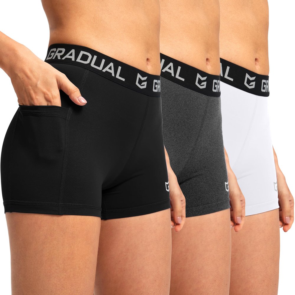 G Gradual Women's Spandex Compression Volleyball Shorts 3" /7" Workout Pro Shorts for Women (Black/White/Charcoal Pockets, Small)