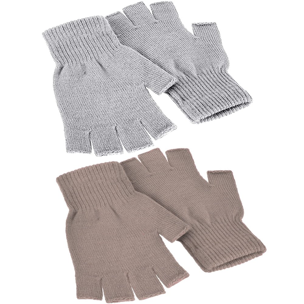 SATINIOR 2 Pair Unisex Winter Half Finger Gloves Knitted Fingerless Mittens Warm Stretchy Gloves in Common Size(Gray, Light Khaki)