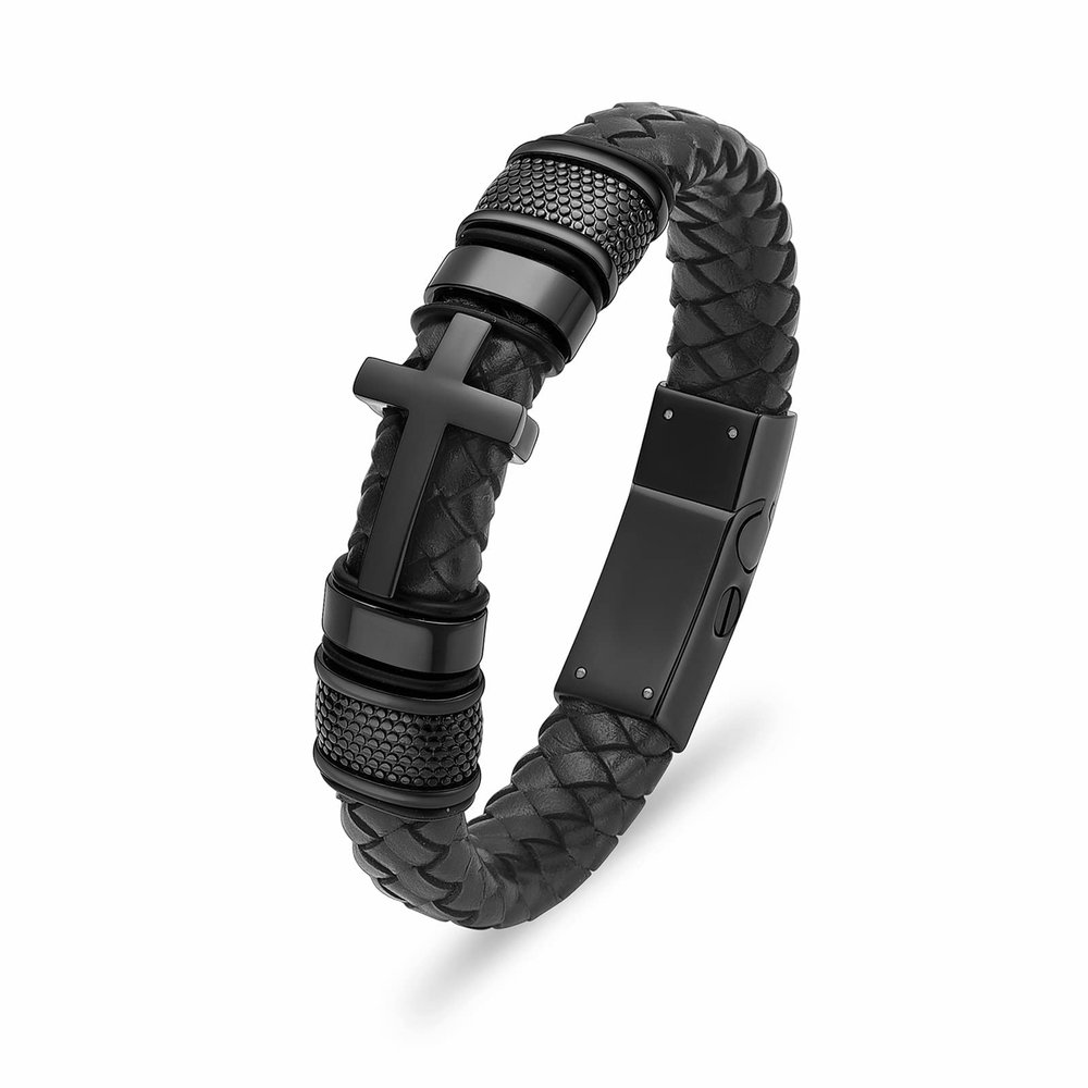 Oinsi Mens Double-Band Black Braided Leather Bangle Bracelets Cremation Jewelry For Ashes Wristband Memorial Urn Bangle With Cross Charm(Black-22cm)