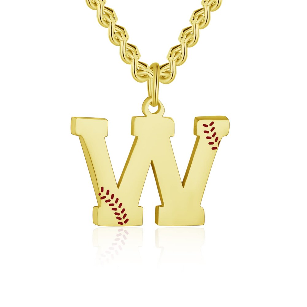 AIAINAGI Baseball Initial A-Z Letter Necklace - Men's Baseball Charm Pendant in Stainless Steel Gold Chain, 22inch Personalized Gift for Men (18+)
