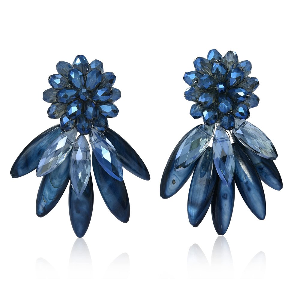 AeraVida Cluster Crystal Bead and Mother of Pearl Stone Clip on Earrings for Women (Blue)