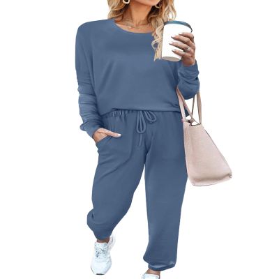 Aloodor Sweatsuits for Women Sets Lightweight Long Sleeve Pajamas Solid Loungewear Blue L