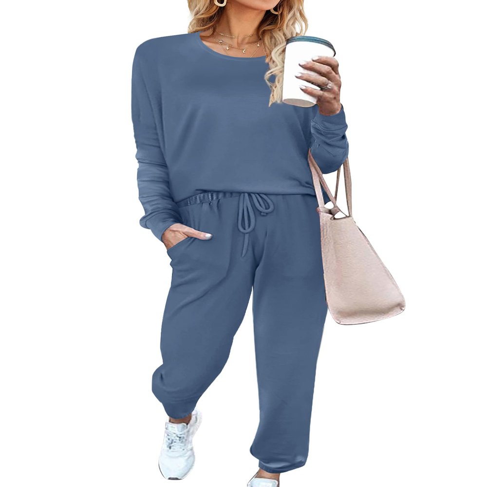 Aloodor Sweatsuits for Women Sets Lightweight Long Sleeve Pajamas Solid Loungewear Blue L