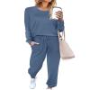 Aloodor Sweatsuits for Women Sets Lightweight Long Sleeve Pajamas Solid Loungewear Blue L view 1
