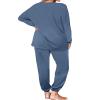 Aloodor Sweatsuits for Women Sets Lightweight Long Sleeve Pajamas Solid Loungewear Blue L view 4