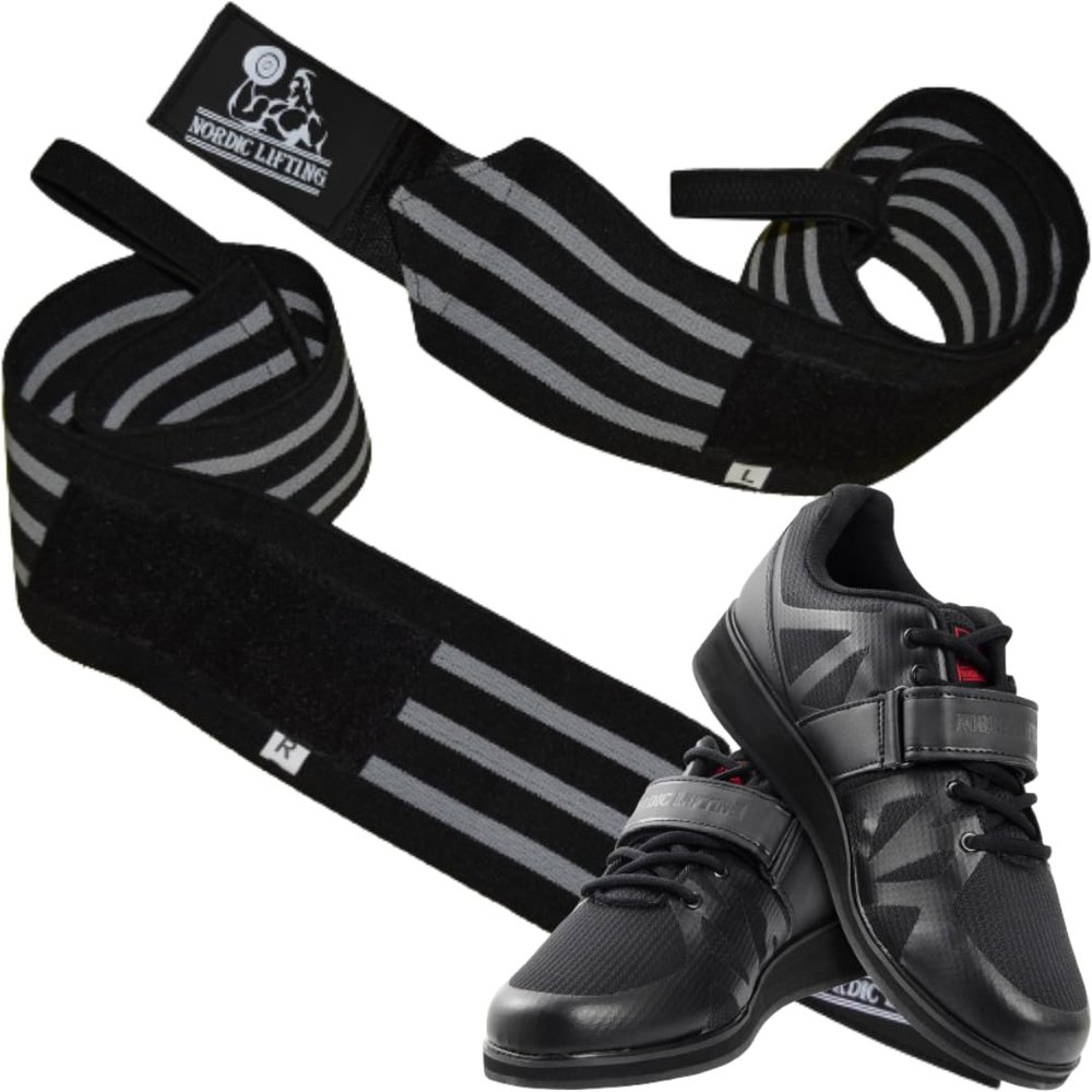 Nordic Lifting Super Heavy Duty Wrist Wraps - Black Grey Bundle with Shoes Megin Size 8 - Black