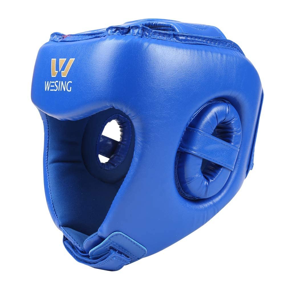 Wesing Professional Boxing Headgear Muay Thai Martial Arts Training Sparing Headgear Without Cheeks (Medium, Blue)