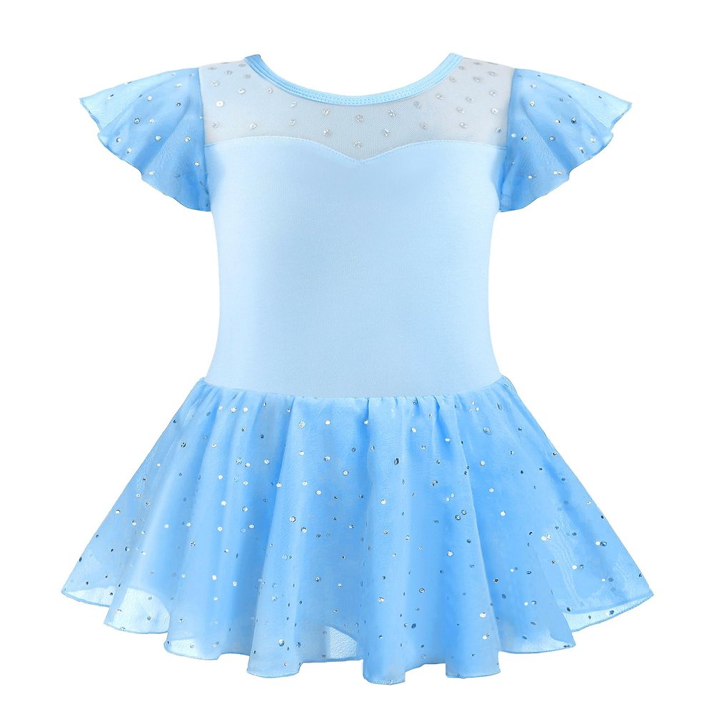 EQSJIU Blue Dress For Kids Girls Shiny Skirt And Sleeves Dance Criss-Cross Back Children's Dance Dress 9-10 Years
