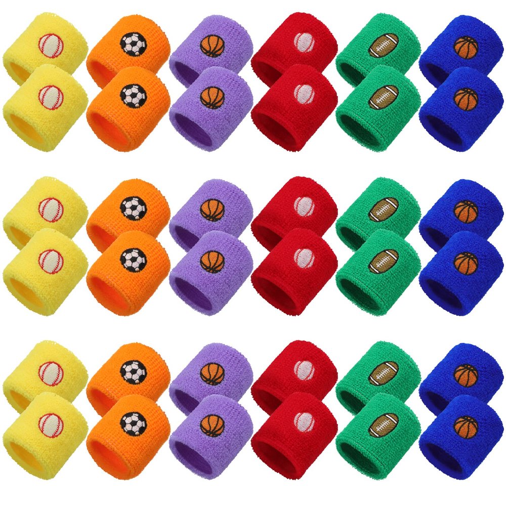 36-Piece Sports Wristbands - Kids Sports Themed Birthday Party Supplies in 6 Colors and 4 Designs