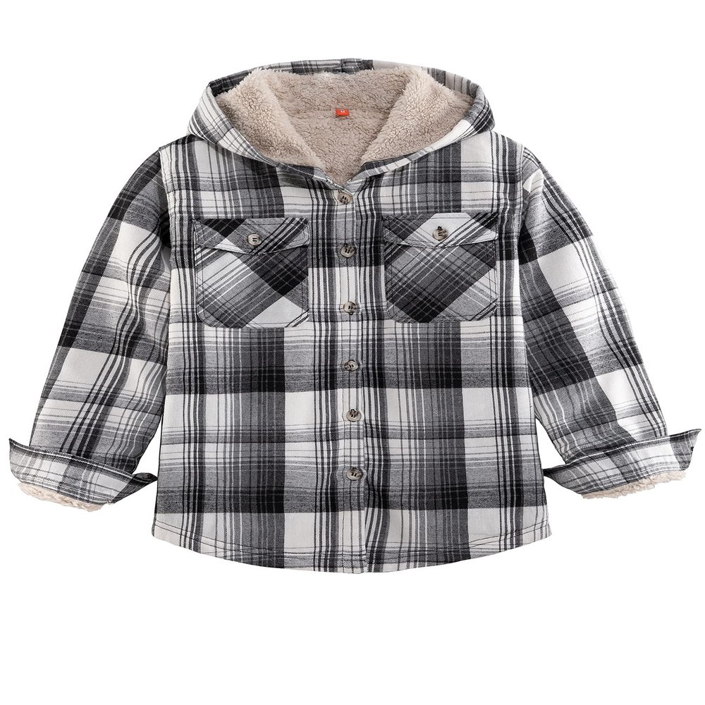 ZENTHACE Kids Girls Flannel Jacket with Hood Button Up Plaid Flannel Hoodie Shirt Jacket Fall Winter Coat Grey White S Size 5-6