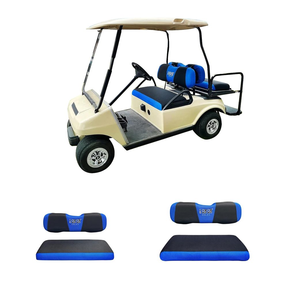 10L0L Golf Cart Front and Rear Seat Cover Set for EZGO TXT RXV 4 Passenger Models Bench Seat Covers Kit Breathable Washable Polyester Mesh Cloth (S+XS) (Black/Blue)