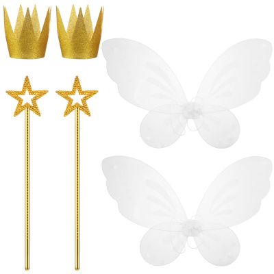 Sratte 6 Pcs Halloween Girls Fairy Costume Set, Fairy Wings Dress Up Wings Star Wand and Gold Crowns, Halloween Costume Dress Up Accessories 13 Inches Gold Wand Party Crowns Birthday Decorations