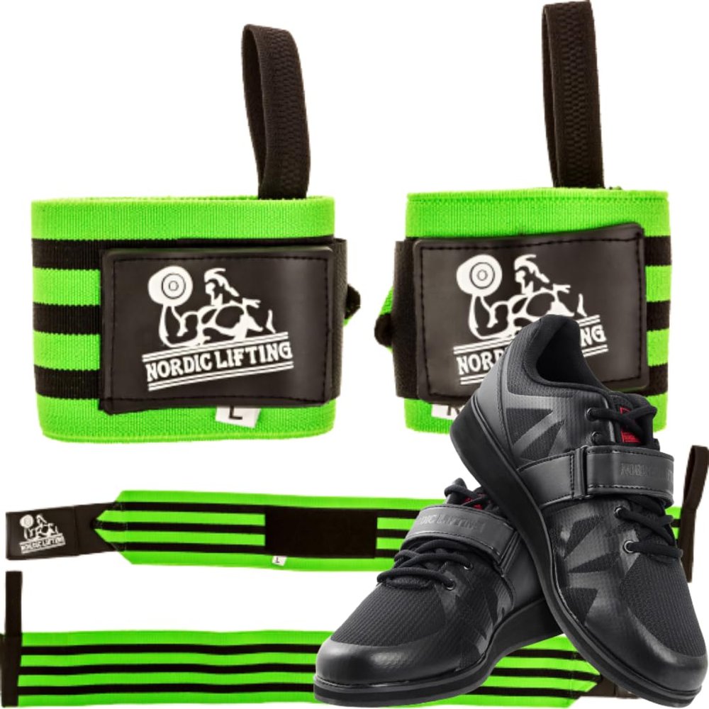 Nordic Lifting Super Heavy Duty Wrist Wraps - Green Bundle with Shoes Megin Size 8.5 - Black