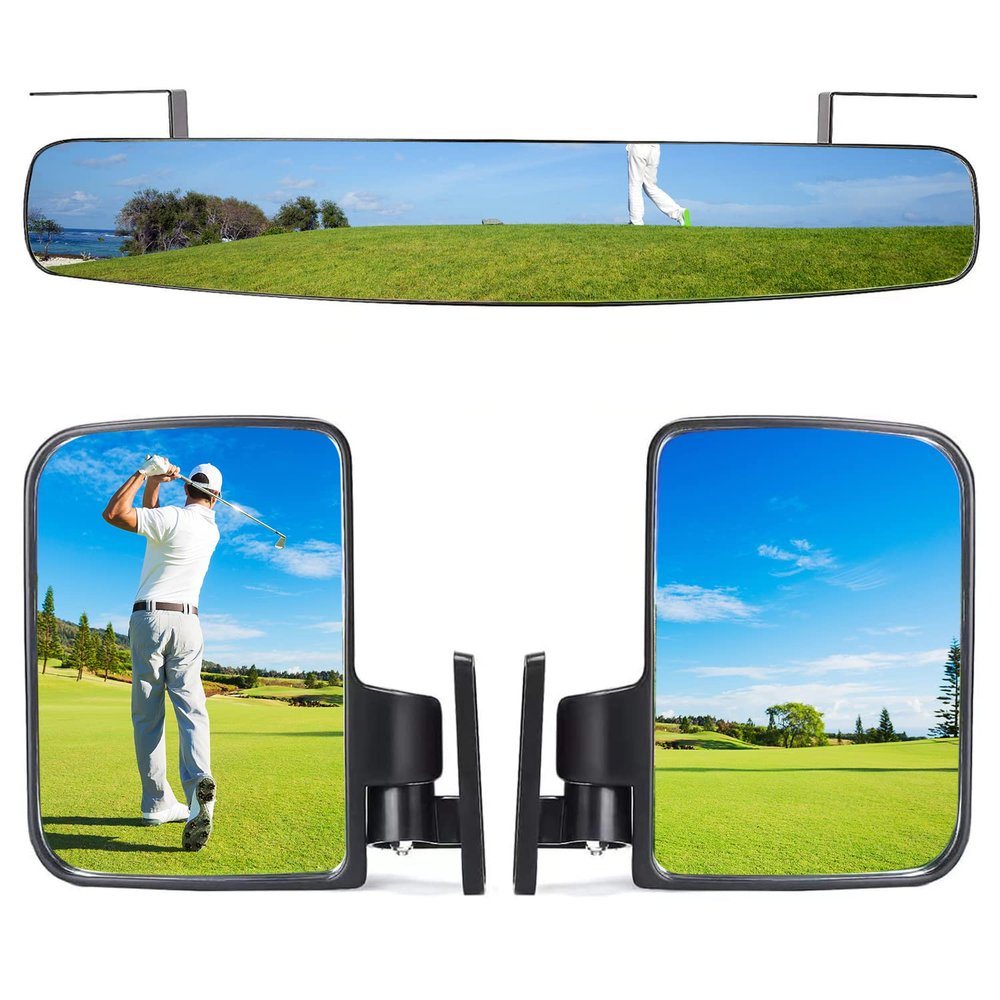 AZWM Universal Fit Golf Cart Mirrors, 16.5" Panoramic Rear View & Folding Side Mirrors for Club Car, EZGO, Yamaha
