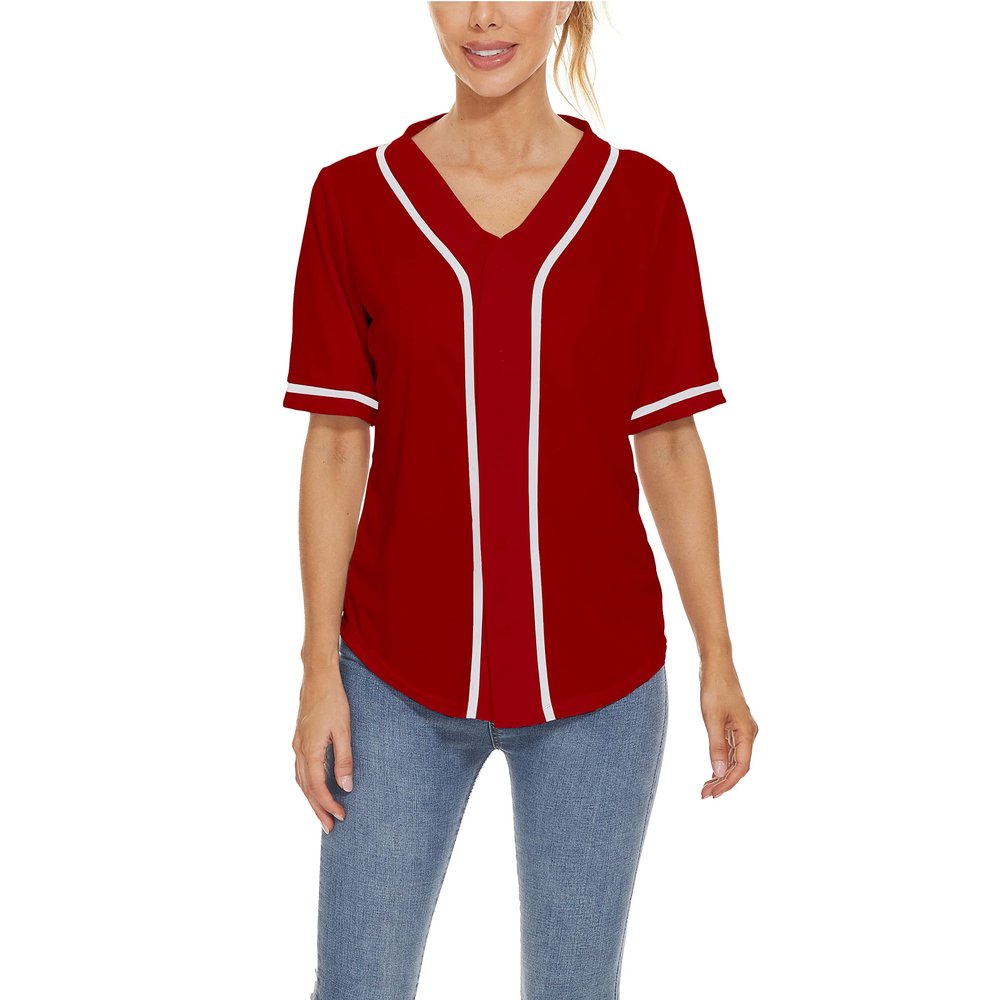 Women Baseball Jersey Button Down Tee Short Sleeve Shirt Sports Uniform Softball Jersey Active T-Shirt (Red,M)
