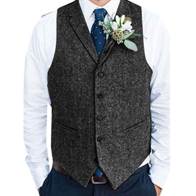 Mens Formal Business Herringbone Suit Waistcoat Groomman Tweed Notch Lapel 5 Button Suit Vest Top for Tuxedo Blazer (Color : Black, Size : Medium)