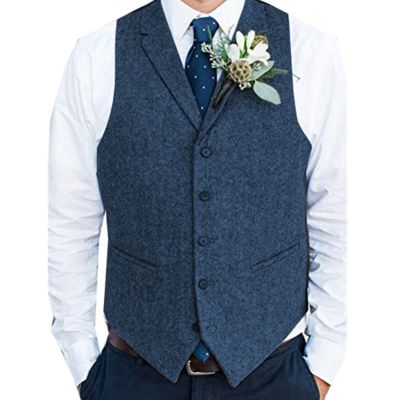 Mens Formal Business Herringbone Suit Waistcoat Groomman Tweed Notch Lapel 5 Button Suit Vest Top for Tuxedo Blazer (Color : Blue, Size : Large)