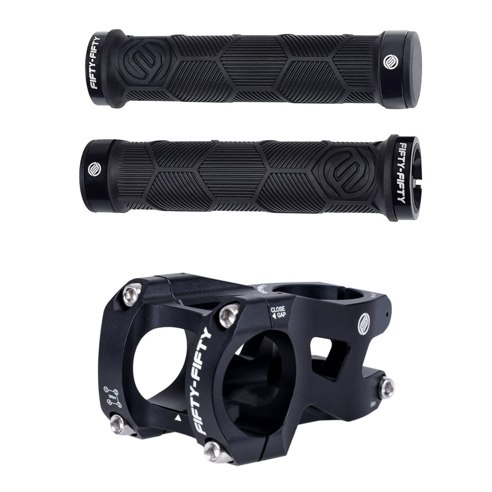 FIFTY-FIFTY Double Lock-On Mountain Bike Grips, Bicycle Handlebar Locking Grips, Aluminum Alloy Mountain Bike Stem for 1-1/8 Steer Tube 31.8mm Handlebar