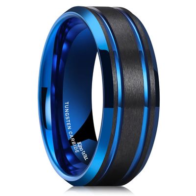 King Will 8mm Black Tungsten Ring for Men Double Blue Thin Groove Line Brushed Tungsten Wedding Band Polished Beveled Edge Comfort Fit 10
