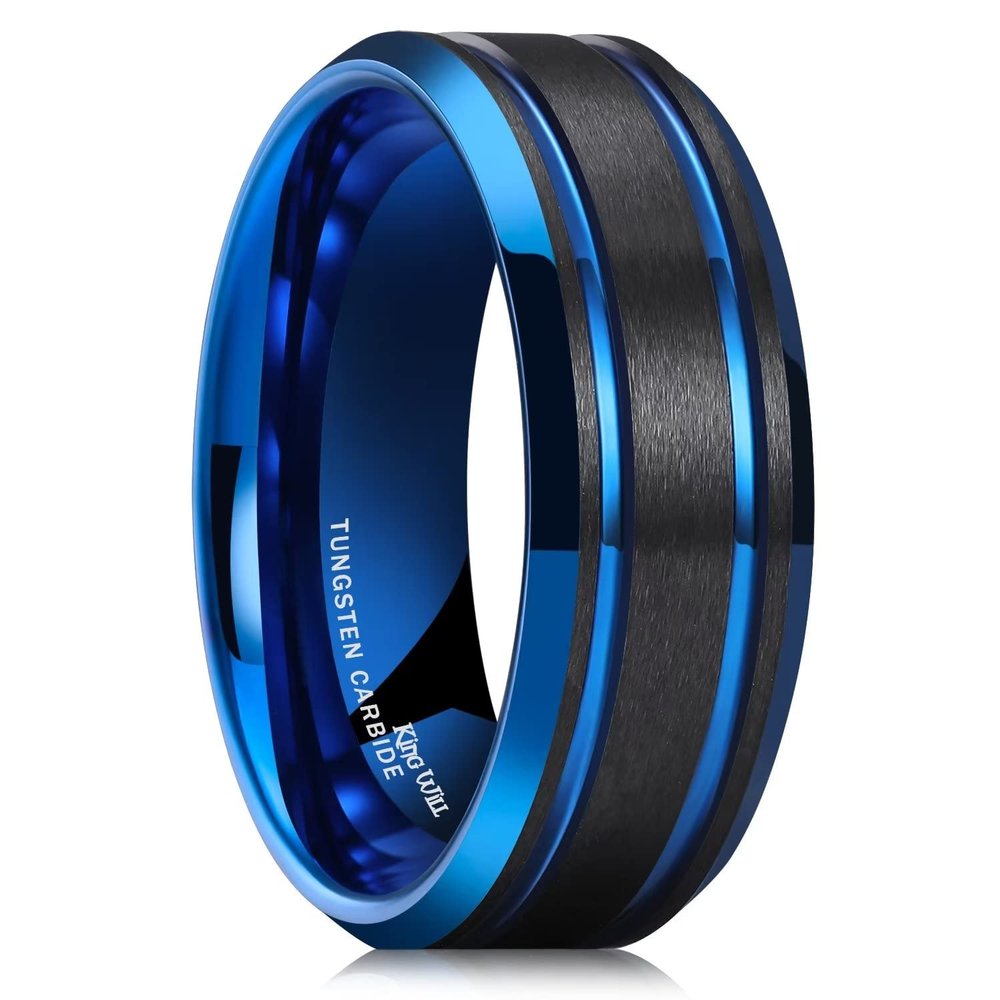 King Will 8mm Black Tungsten Ring for Men Double Blue Thin Groove Line Brushed Tungsten Wedding Band Polished Beveled Edge Comfort Fit 10