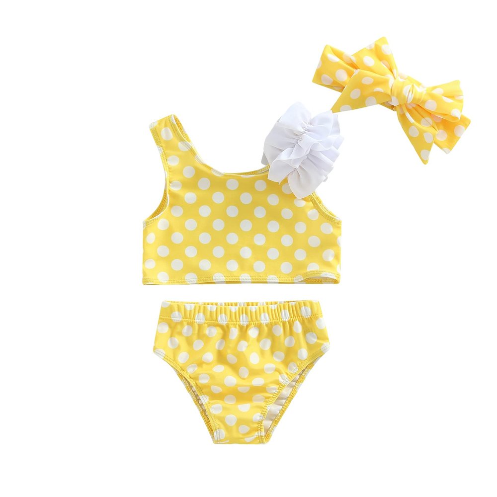 One opening Toddler Baby Girls Swimsuit Sleeveless Polka Dots Swimwear Two-Pieces Bathing Suit Bikini Set Beach Wear (Yellow, 9-12 Months)