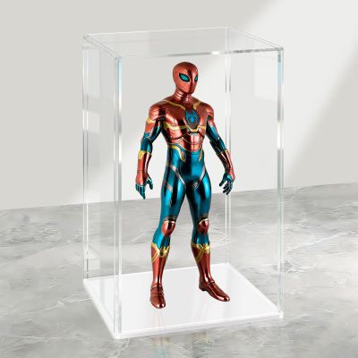 LANSCOERY Acrylic Display Case, 4.7x4.7x7 in, Upgraded Thickened UV-Resistant Showcase, 98% Clarity Dustproof Box with Glossy White Base for Action Figures, LEGO & Models, Scraper & LED Light