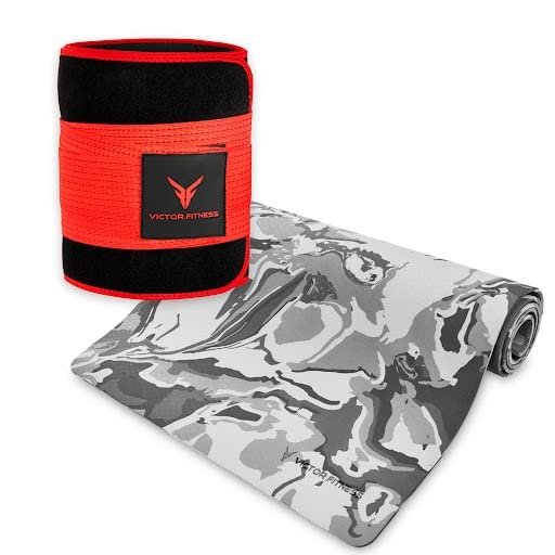 Anti-Slip High-End Thick and Durable TPE Yoga Mat with Travel Straps Included - Gray Camouflage + Waist Trimmer (Medium, Red)