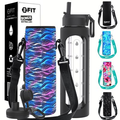 32 oz Glass Water Bottle with Straw Lid, Time Marker, Sleeve, Extra Lid & Water Bottle Holder with Strap - Motivational, Wide Mouth, Large 1L Glass Drinking Bottle (Black Sleeve, Black Waves Carrier)