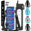 32 oz Glass Water Bottle with Straw Lid, Time Marker, Sleeve, Extra Lid & Water Bottle Holder with Strap - Motivational, Wide Mouth, Large 1L Glass Drinking Bottle (Black Sleeve, Black Waves Carrier) view 1