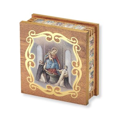 Our Lady of The Rosary Natural Wood Square Rosary Box, 3"x3"