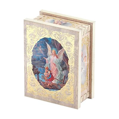 Guardian Angel White Wood Rectangular Rosary Box, 2"x2.75"