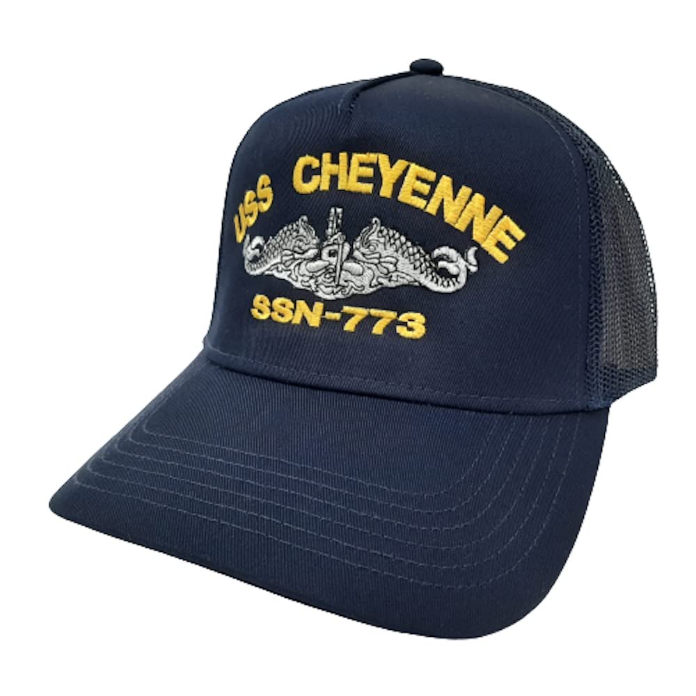 USS Cheyenne 773 Boat Ship Baseball Cap Blue Mesh Snapback 3.5 inch Profile Cotton Front Panel