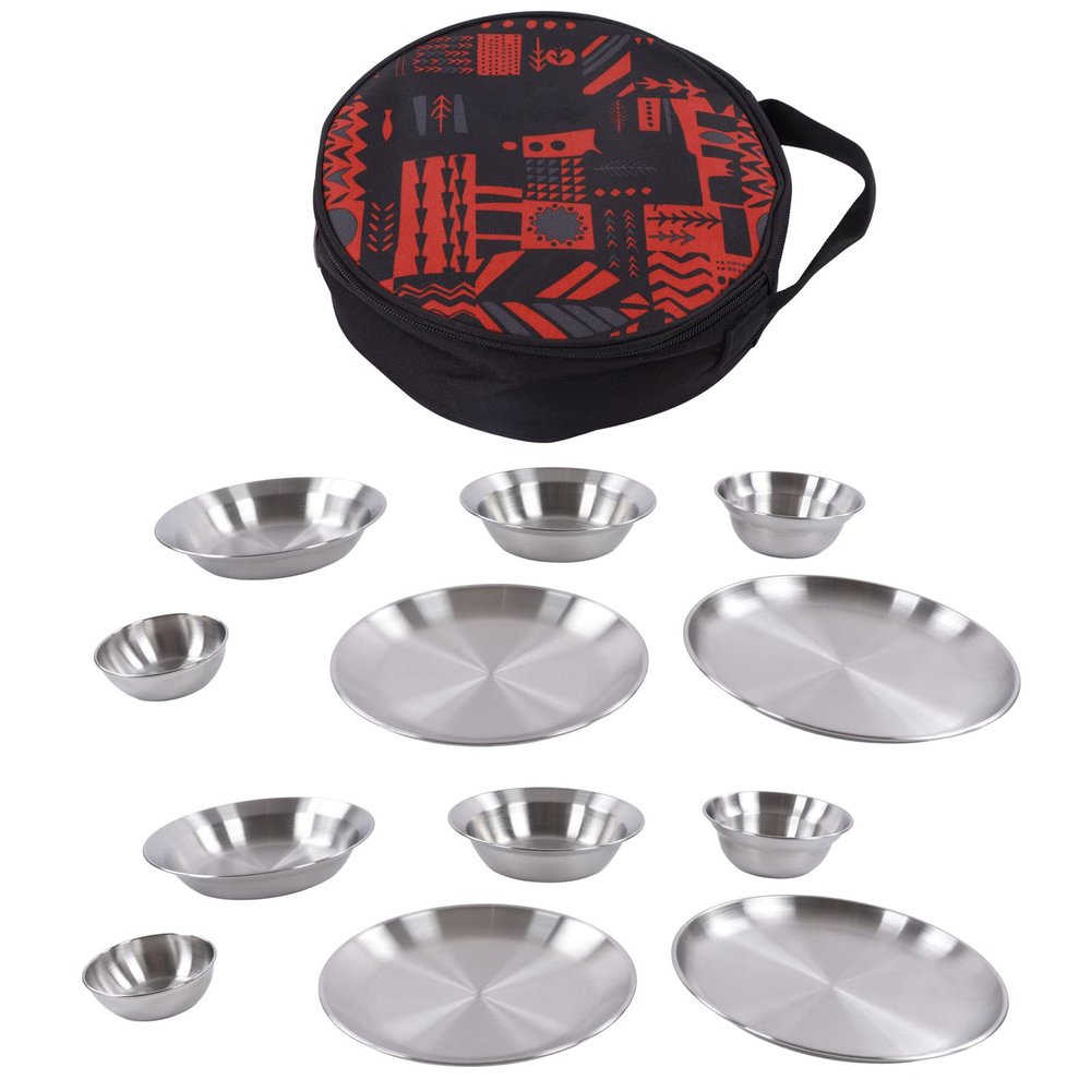 12PcsPortable Plate Set Dishes Set,Stainless Steel Camping Dinnerware Set,Tableware with Storage Bag for Outdoor Hiking Camping, Hiking,Picnic,BBQ,Beach, Stainless Steel Camping Dinnerware Set,12