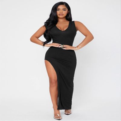 FDSUFDY Summer Dresses for Women 2022 Solid V Neck Split Thigh Bodycon Dress Dresses for Women (Color : Black, Size : Petite M)