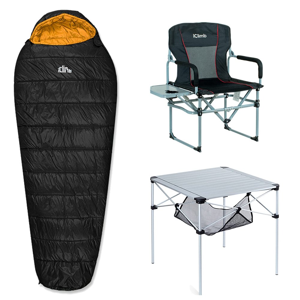iClimb 1 3M Thinsulate Insulation Sleeping Bag and 1 Heavy Duty Compact Folding Chair and 1 Folding Square Table Bundle for Single Person Camping Glamping Picnic Backyards BBQ