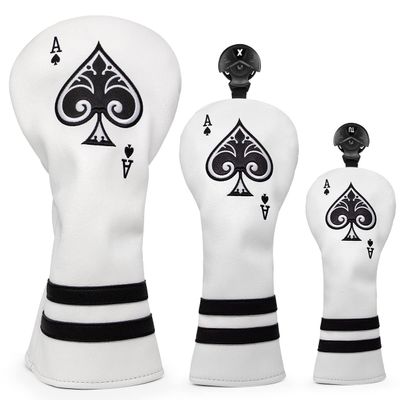 Barudan Golf 3pcs Ace of Spade Driver, Fairway Wood & Hybrid Head Covers - White (PU) Leather