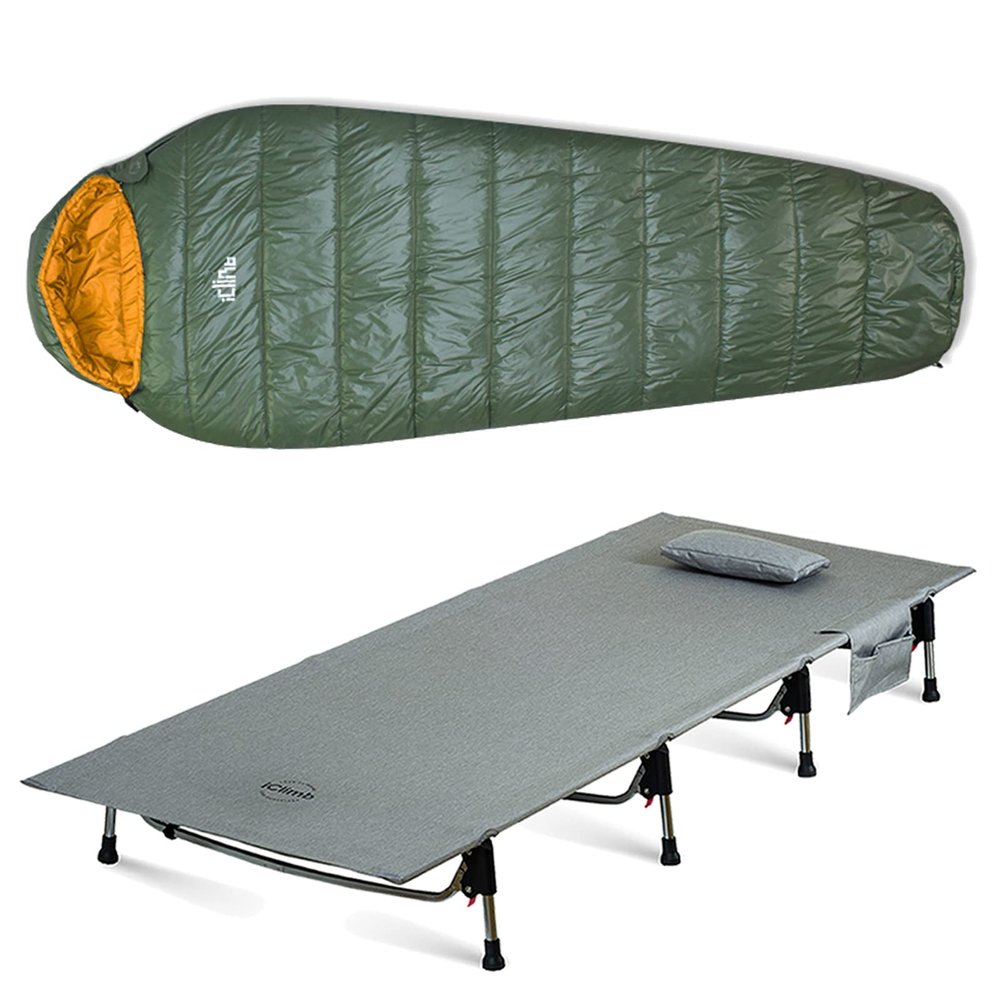 iClimb 1 Super Easy Assemble Cot and 1 3M Thinsulate Insulation Sleeping Bag Bundle, Ultralight Compact for Single Adult Outdoor Backpacking Camping