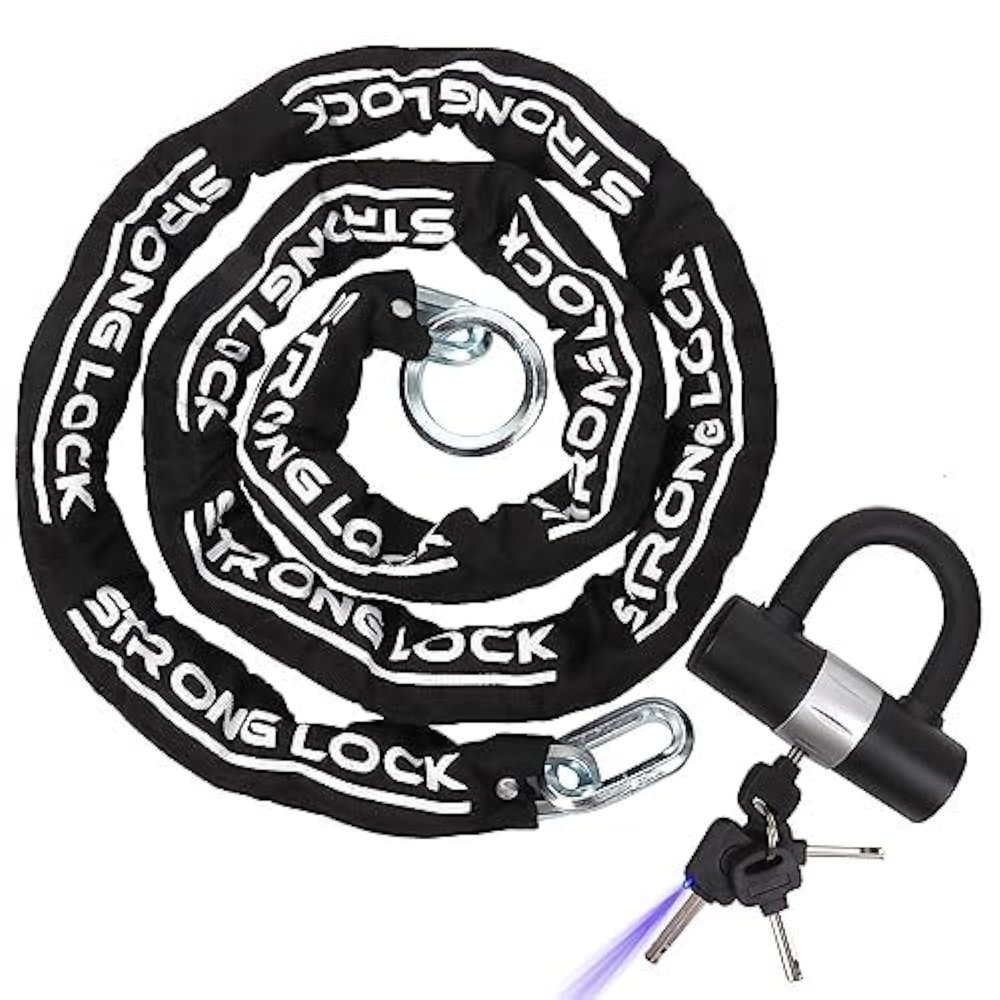 AKM Motorcycle Chain Lock Anti-Theft 8.2ft/250cm Super Long Durable 12mm Thick With 4 Keys Security 16mm U Lock for Motorcycles, Containers, Trailers, ATV