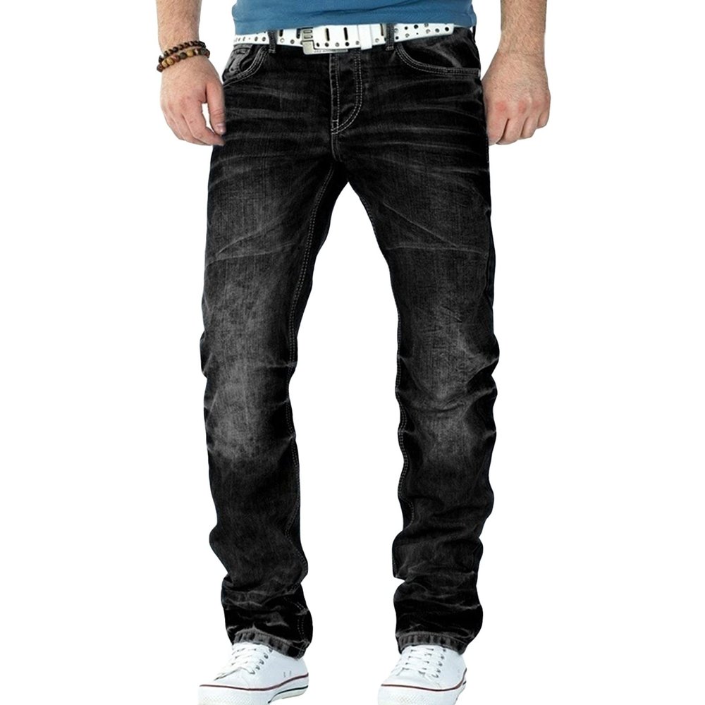 Men's Vintage Washed Straight Leg Jeans Classic Retro Slim Fit Jean Trousers Distressed Moto Biker Denim Pants (Black,Small)