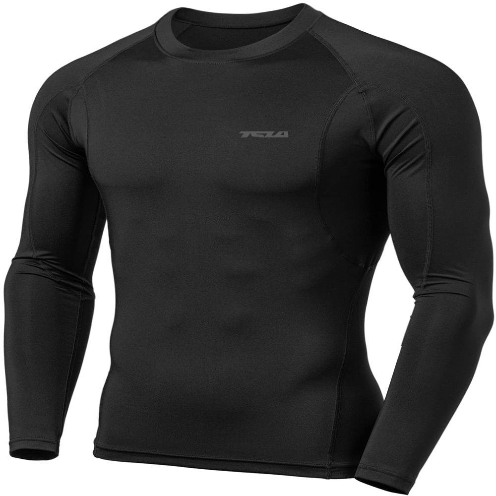 TSLA Men's UPF 50+ Compression Shirts, Cool Dry Long Sleeve Athletic Tops, Sports Baselayer Workout Shirt, Athletic Black, Small