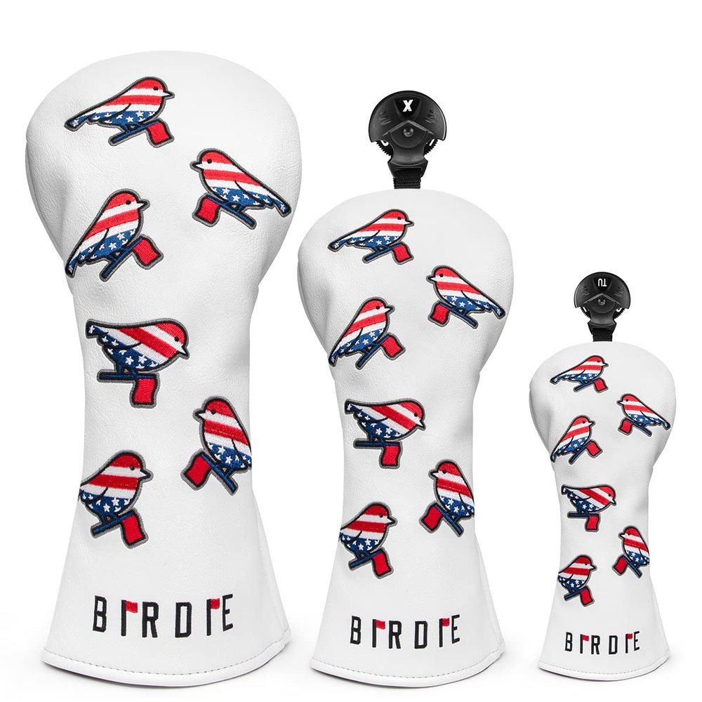 Golf Wood Head Covers Driver Cover 3 Wood Headcover Hybrid Head Covers Embroidery White USA American Flag Birdie Design Golf Club Headcovers Leather Hand-Made Wood Head Cover for All Golf Clubs