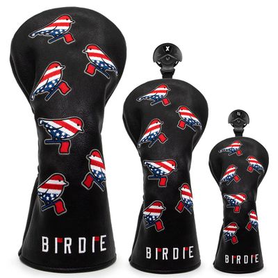 Golf Head Covers Driver Cover 3 Wood Headcover Hybrid Head Covers Embroidery USA American Flag Birdie Design Golf Club Headcovers Leather Wood Head Cover (3pcs(DR+FW+UT)-Black)
