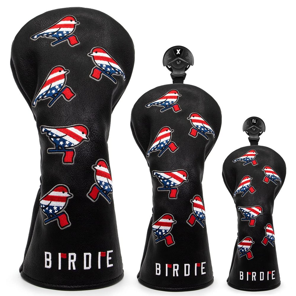 Golf Head Covers Driver Cover 3 Wood Headcover Hybrid Head Covers Embroidery USA American Flag Birdie Design Golf Club Headcovers Leather Wood Head Cover (3pcs(DR+FW+UT)-Black)