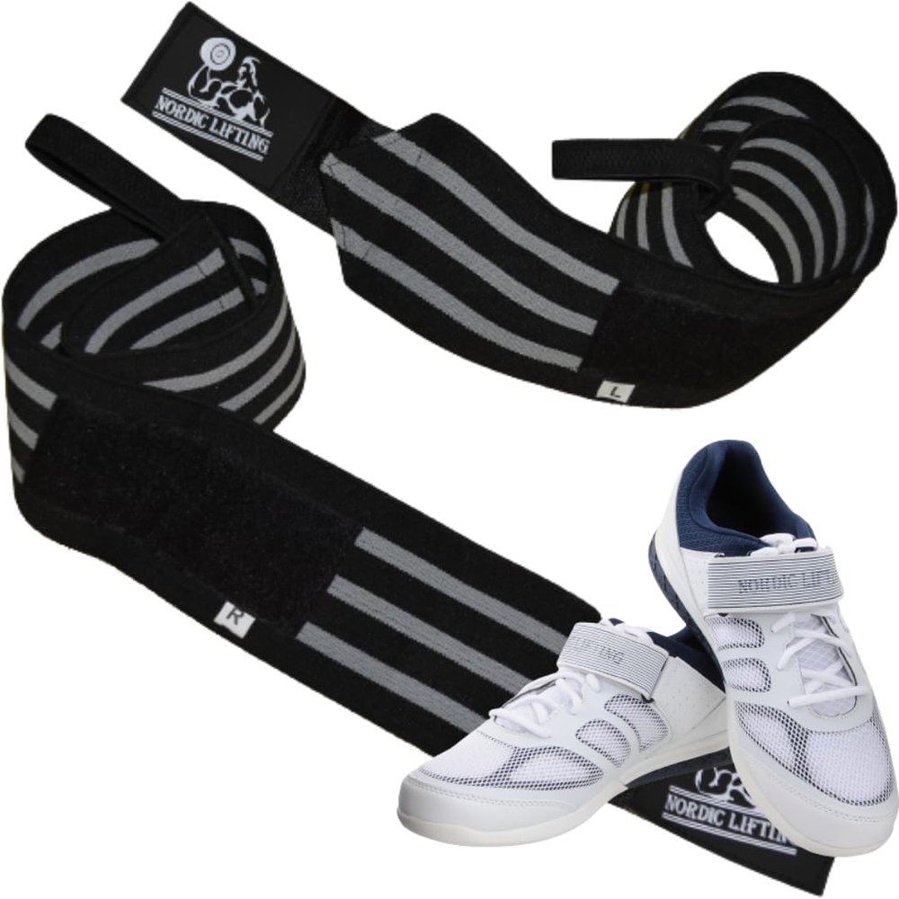 Nordic Lifting Super Heavy Duty Wrist Wraps - Black Grey Bundle with Shoes Venja Size 7 - White