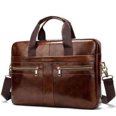 Business [men's briefcase] men's real-leather bag portfolio 14-inch computer bag men's portable one-shoulder men